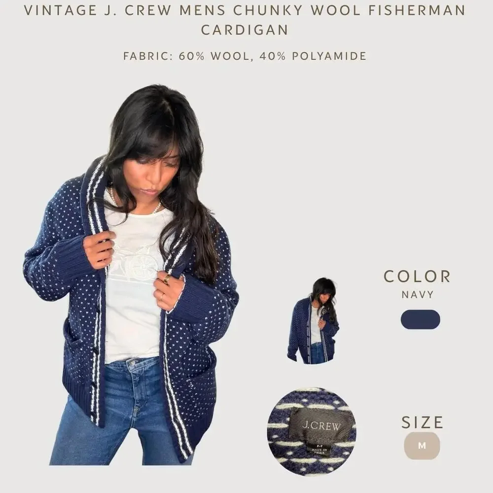 Vintage J.Crew Navy Chunky Wool Fisherman Cardigan | Oversized Cozy Knit